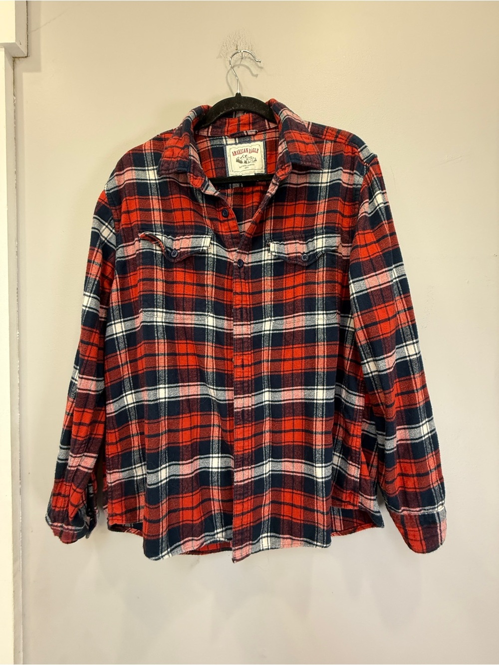 American Eagle Outfitters Red Navy White Plaid Button-Down Shirt